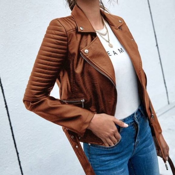 Faux eather zipper biker motorcycle jacket camel - Picture 3 of 9